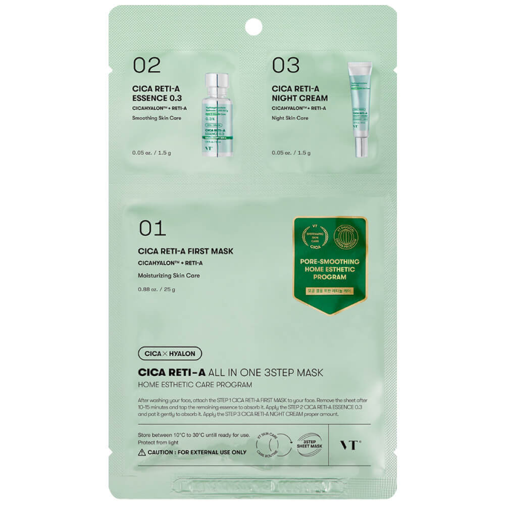 Трёхступенчатый набор для сужения пор с ретинолом VT Cosmetics Cica Reti-A All In One 3Step Mask